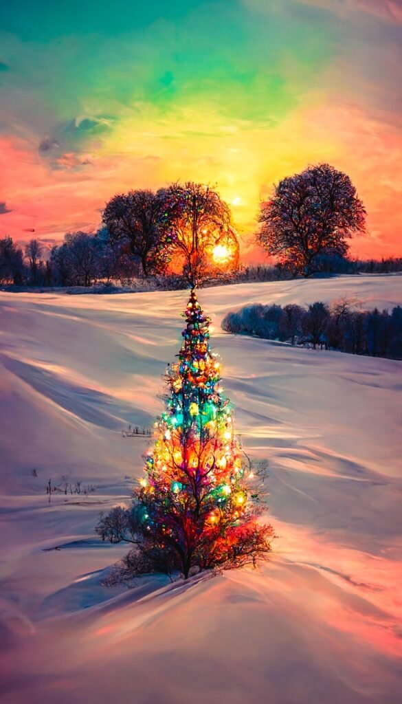 ai generated, fantasy, landscape, christmas tree, lights, nature, christmas, pine tree, snow, season